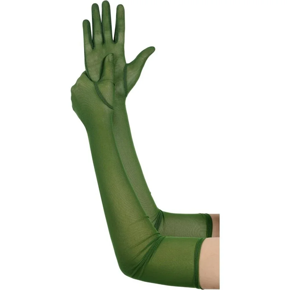 Women's Tulle Dark Green Long Stretchy Gloves Halloween Party Wedding Costume
